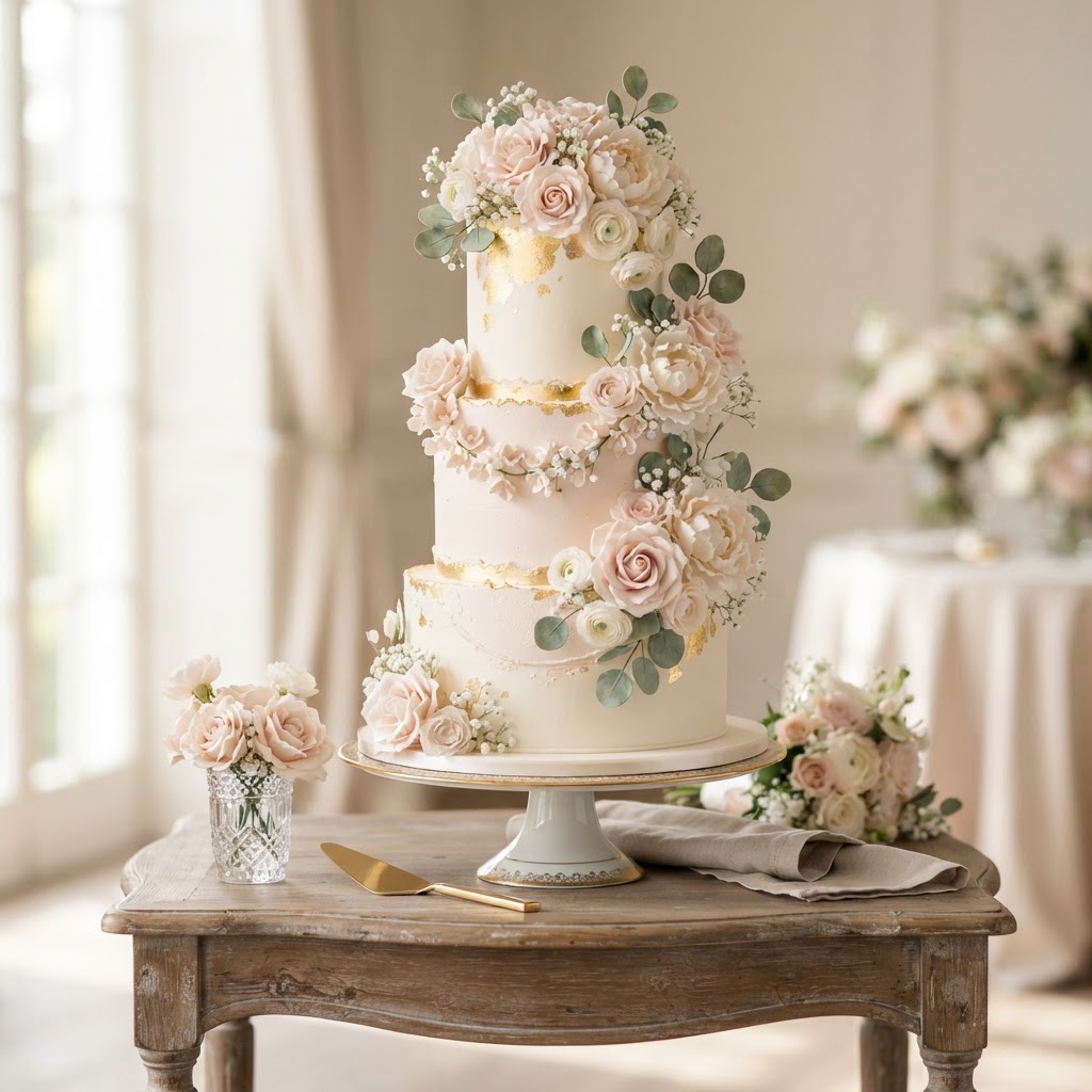 A beautiful three-tier wedding cake