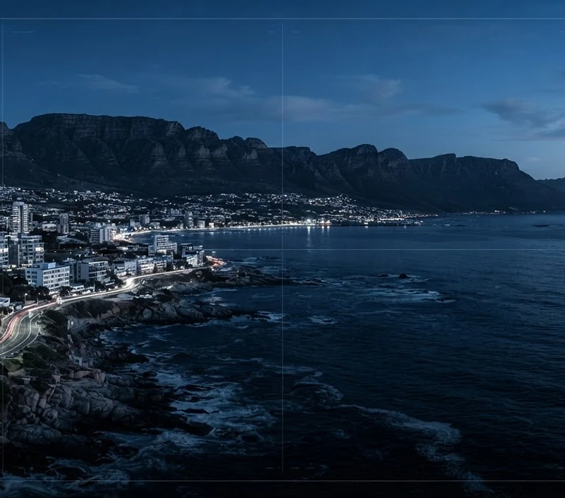 Cape Town Atlantic Seaboard at blue hour with Table Mountain silhouette