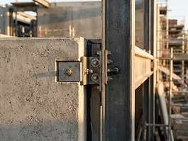 A precast concrete panel meeting steel framing on a build