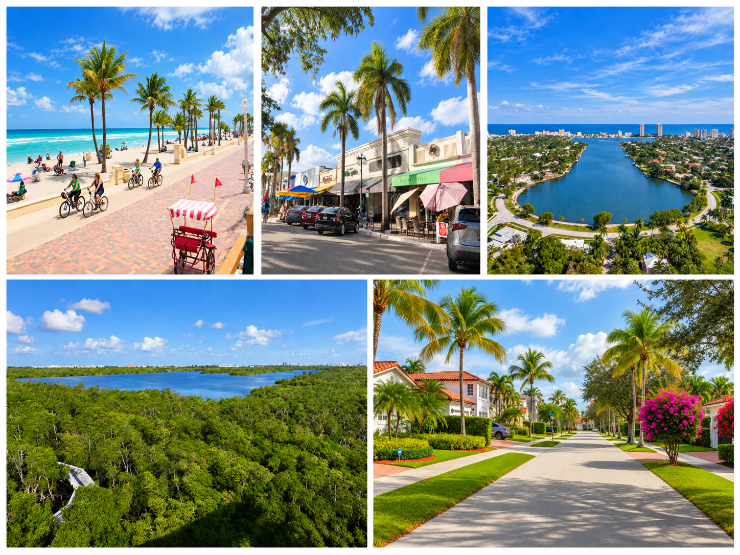 A collage of Hollywood, Florida neighborhoods — the beach Broadwalk, downtown streets, aerial coastal views, wetlands, and a quiet residential street