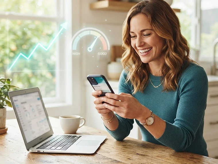Person smiling while reviewing their credit score on a phone