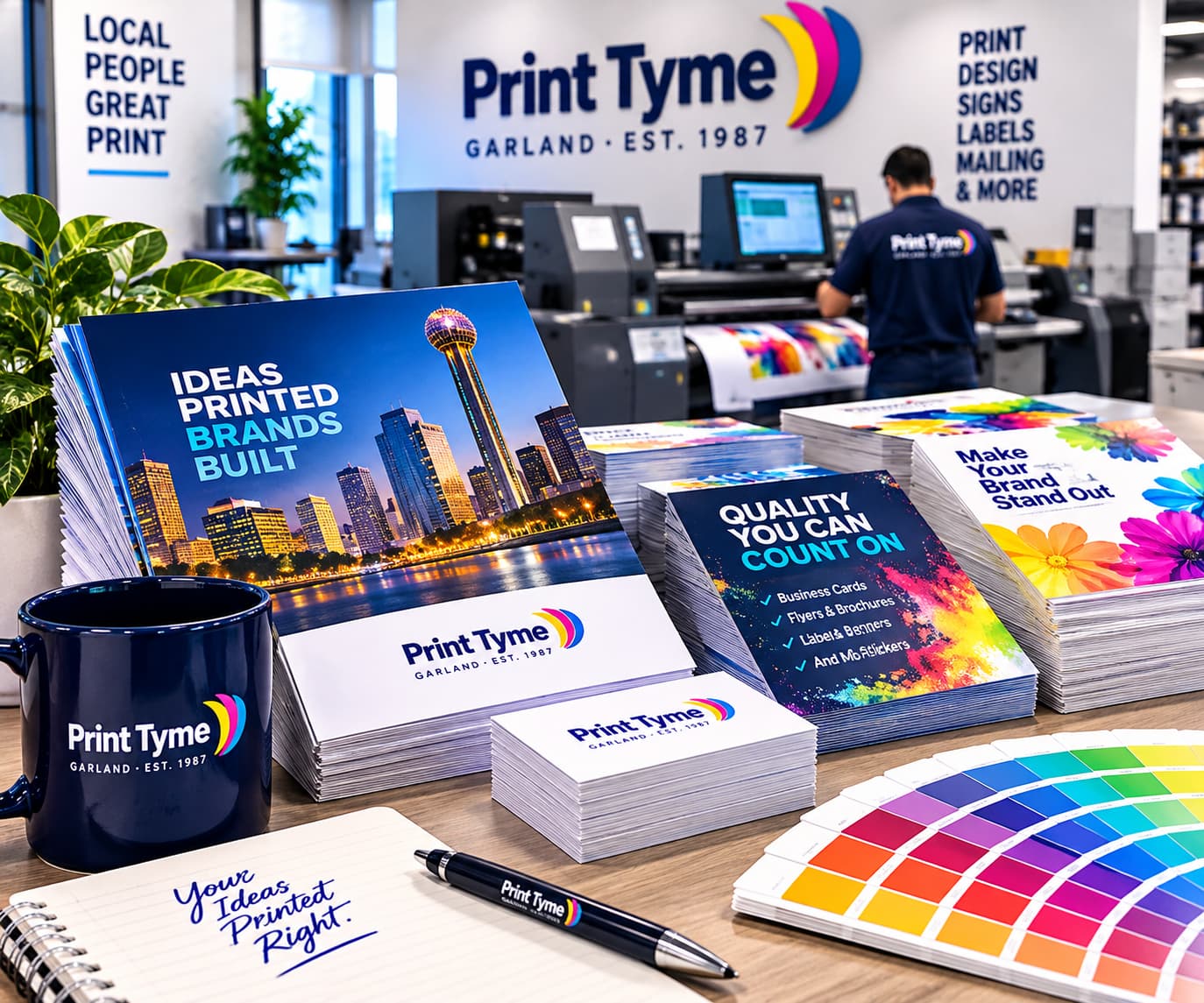 Print Tyme facility — premium printed products, branded merchandise, and color swatches
