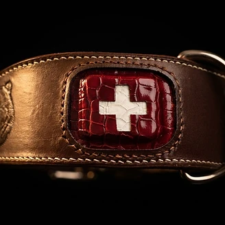 Le collier en cuir et son insert crocodile rouge à la croix suisse, mis en lumière