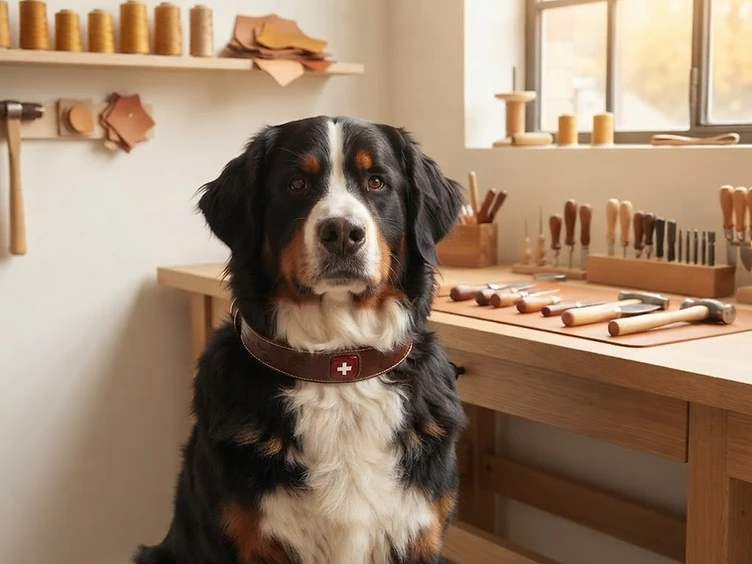 Bouvier Bernois portant le collier Croix Suisse dans l'atelier