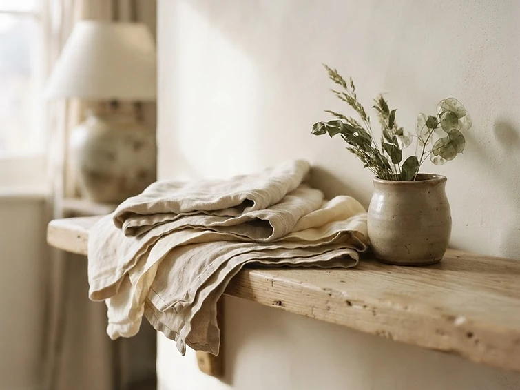 Folded linen and clay vessel in warm morning light