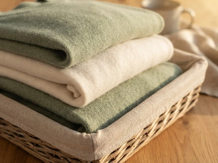 Folded cashmere in a woven basket