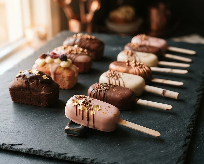 Hand-finished cakesicles and mini loaf cakes on a dark counter