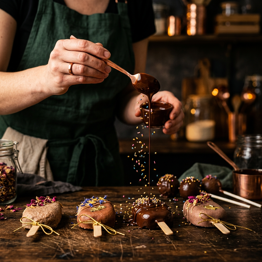 A chef's hands finishing a plated dish, garnish frozen mid-fall