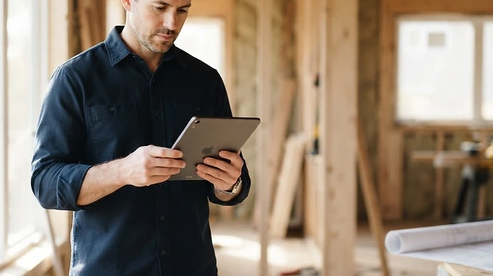 A contractor reviewing a FieldQuote AI quote on a tablet at a job site