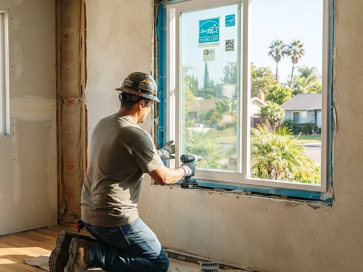 Close up of a modern energy-efficient window frame being installed in a residential California home.
