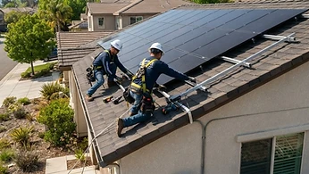 Professional solar panel installation on a modern California residential roof with clear sky background.