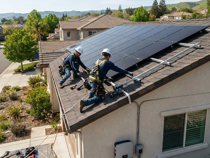 Professional solar panel installation on a modern California residential roof with clear sky background.