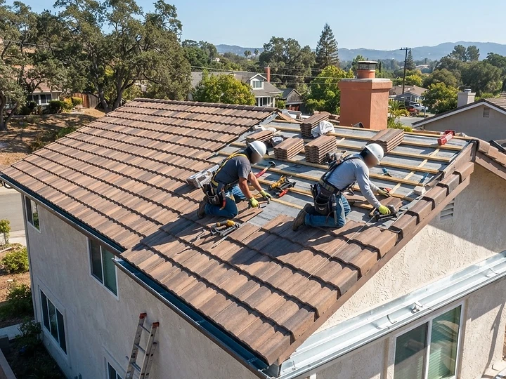 A professional construction worker inspecting the roof of a residential property in a suburban California neighborhood.