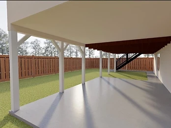 3D rendering view from under a raised deck with white support posts, dark staircase with black railing, concrete patio, and wooden privacy fence