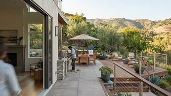 A modern outdoor living space in California featuring a custom deck and patio with comfortable seating and landscape…