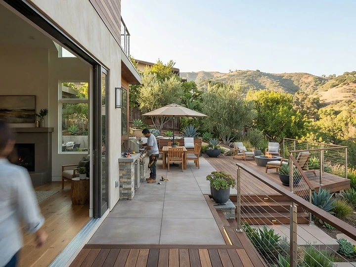 A modern outdoor living space in California featuring a custom deck and patio with comfortable seating and landscape…