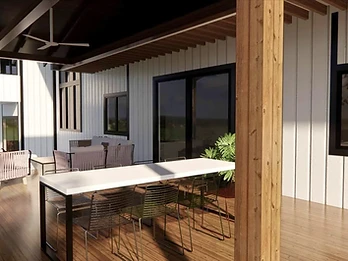 Modern outdoor living patio with fire feature and seating