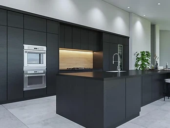 Contemporary kitchen remodel with custom cabinetry and stone counters