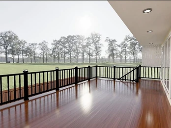 3D architectural rendering of an elevated wooden deck with black metal railing, warm wood flooring, and recessed soffit lighting