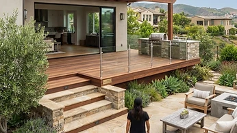 A modern backyard patio with stone pavers, wooden deck, and outdoor furniture in a residential California setting.