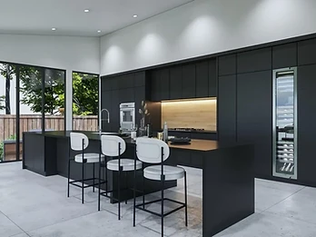 Modern kitchen island with stone countertop and integrated seating