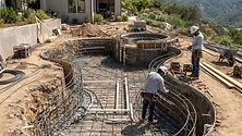 A modern custom pool and spa integrated into a landscaped California backyard with stone decking and clear water.