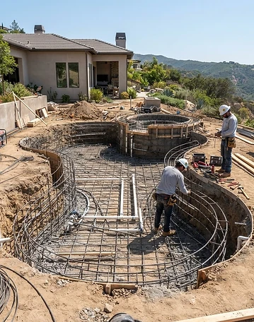 A modern custom pool and spa integrated into a landscaped California backyard with stone decking and clear water.