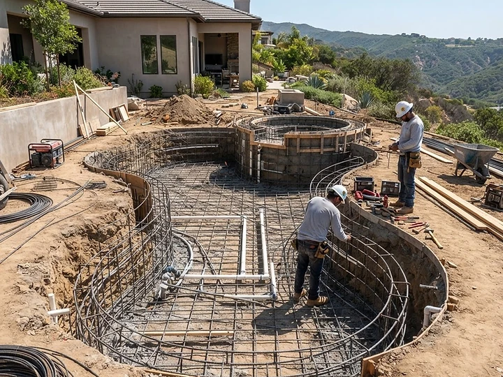 A modern custom pool and spa integrated into a landscaped California backyard with stone decking and clear water.