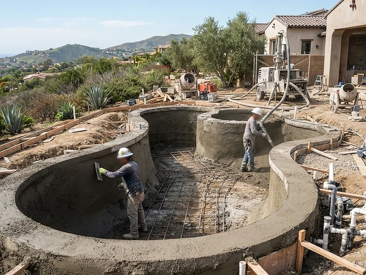 A modern custom swimming pool and spa design featuring stone decking and integrated landscaping in a California backyard.