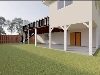 3D rendering of a two-story house rear exterior with elevated wood deck, staircase, white support posts, and concrete patio