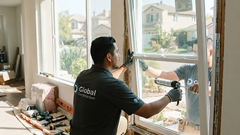 Close up of modern, energy-efficient window frame installation on a residential home exterior.