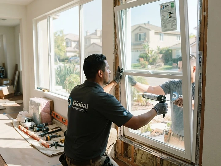 Close up of modern, energy-efficient window frame installation on a residential home exterior.