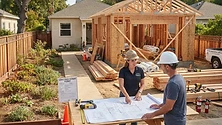 An architect reviewing blueprints for an accessory dwelling unit in a residential backyard in California.