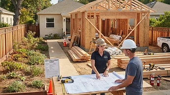 An architect reviewing blueprints for an accessory dwelling unit in a residential backyard in California.