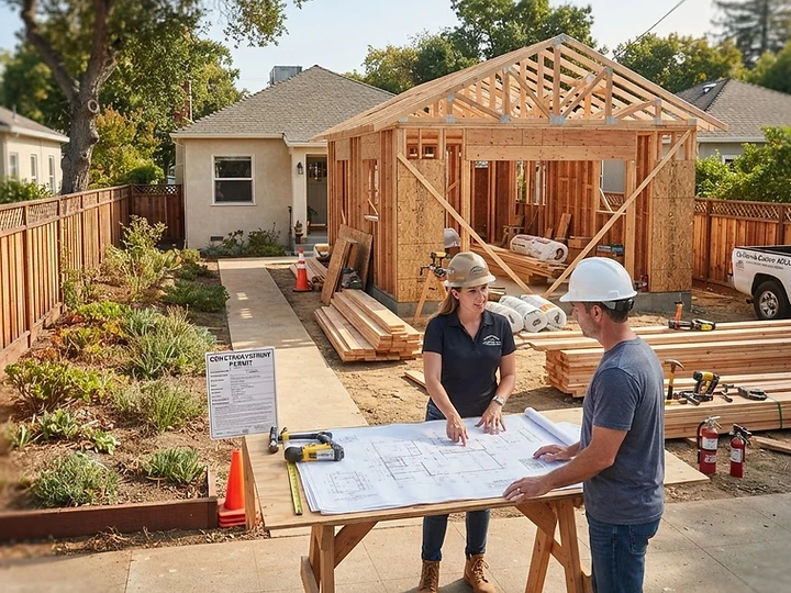 An architect reviewing blueprints for an accessory dwelling unit in a residential backyard in California.
