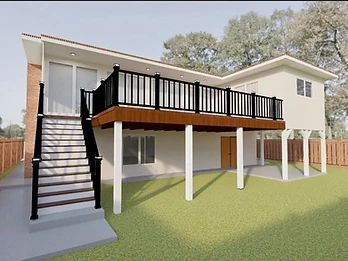3D architectural rendering of a house rear with elevated wood deck, black metal railing, staircase, and white support columns over a lawn