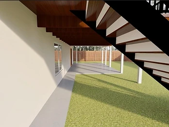3D rendering showing underside of an elevated deck with wooden joists, staircase, white support posts, and concrete patio below