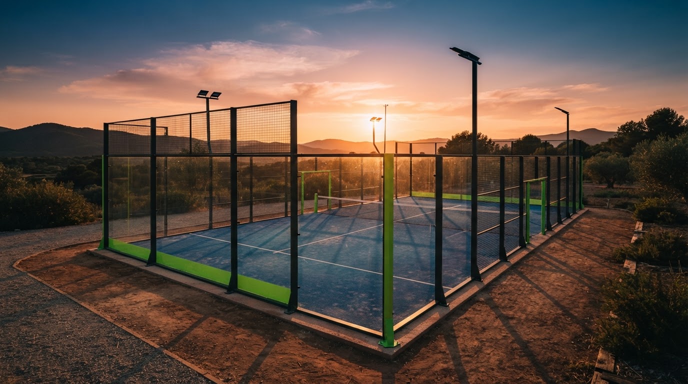 Padelbaan bij avondlicht