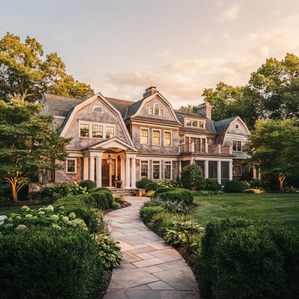 Shingle-style New England estate at dusk with manicured landscaping