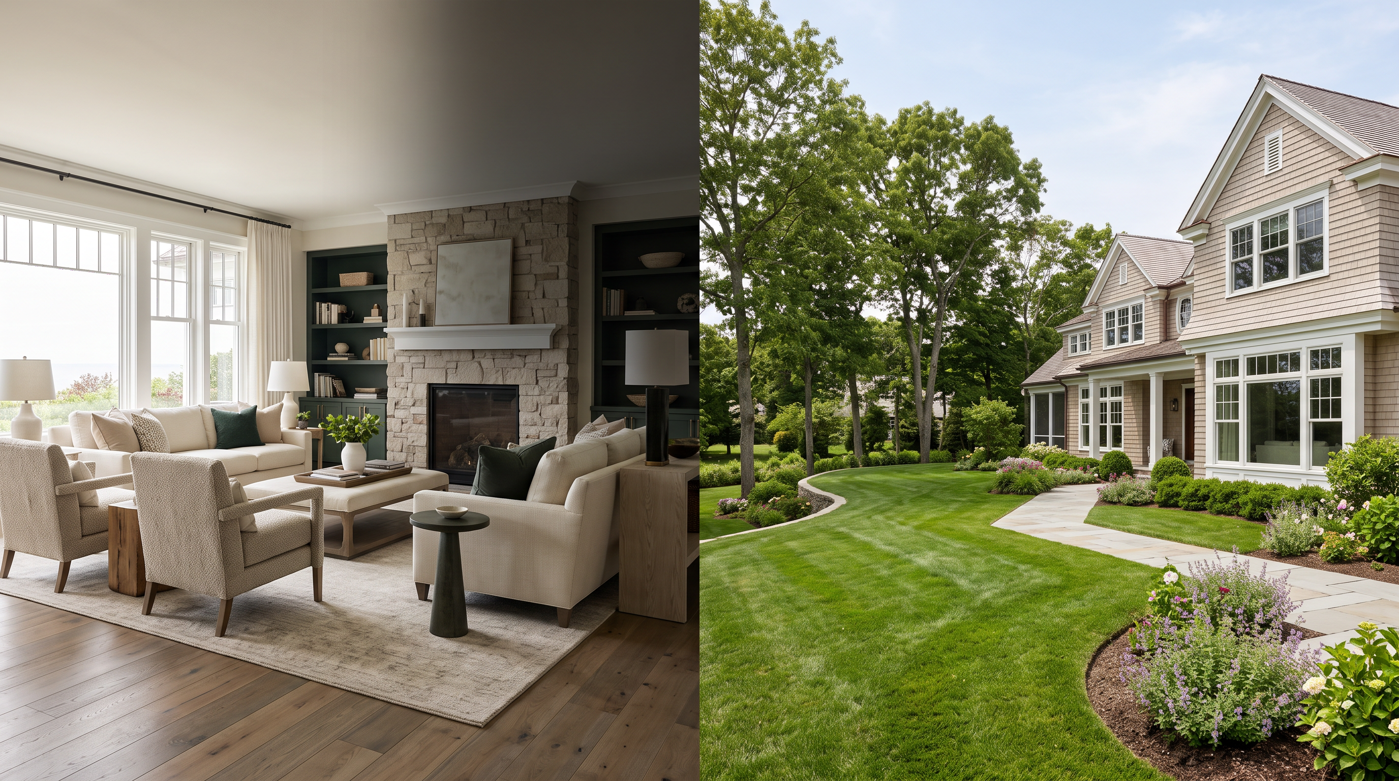 Premium home interior and manicured estate exterior split view