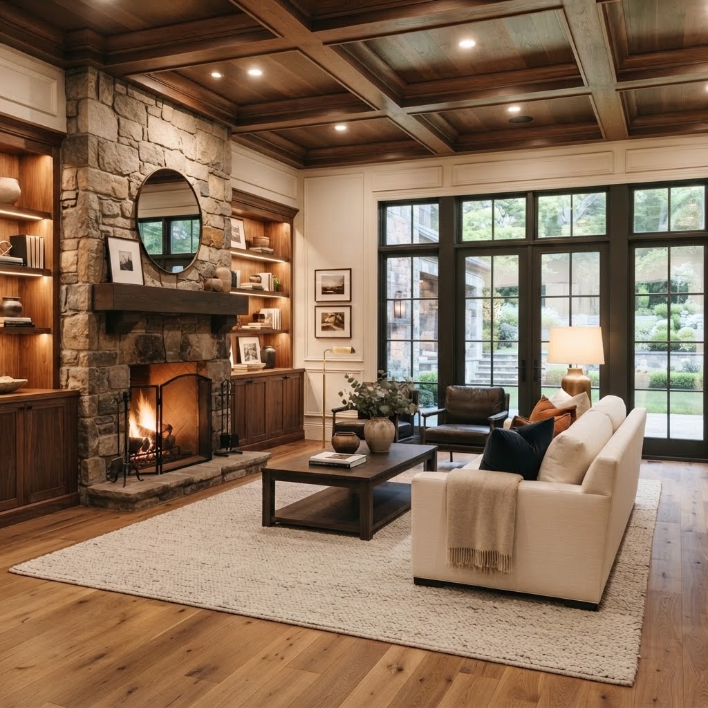 Warm luxury estate living room with stone fireplace