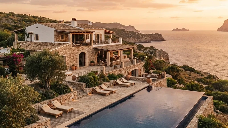 Luxury stone finca with pool facing the Mediterranean sea at golden hour
