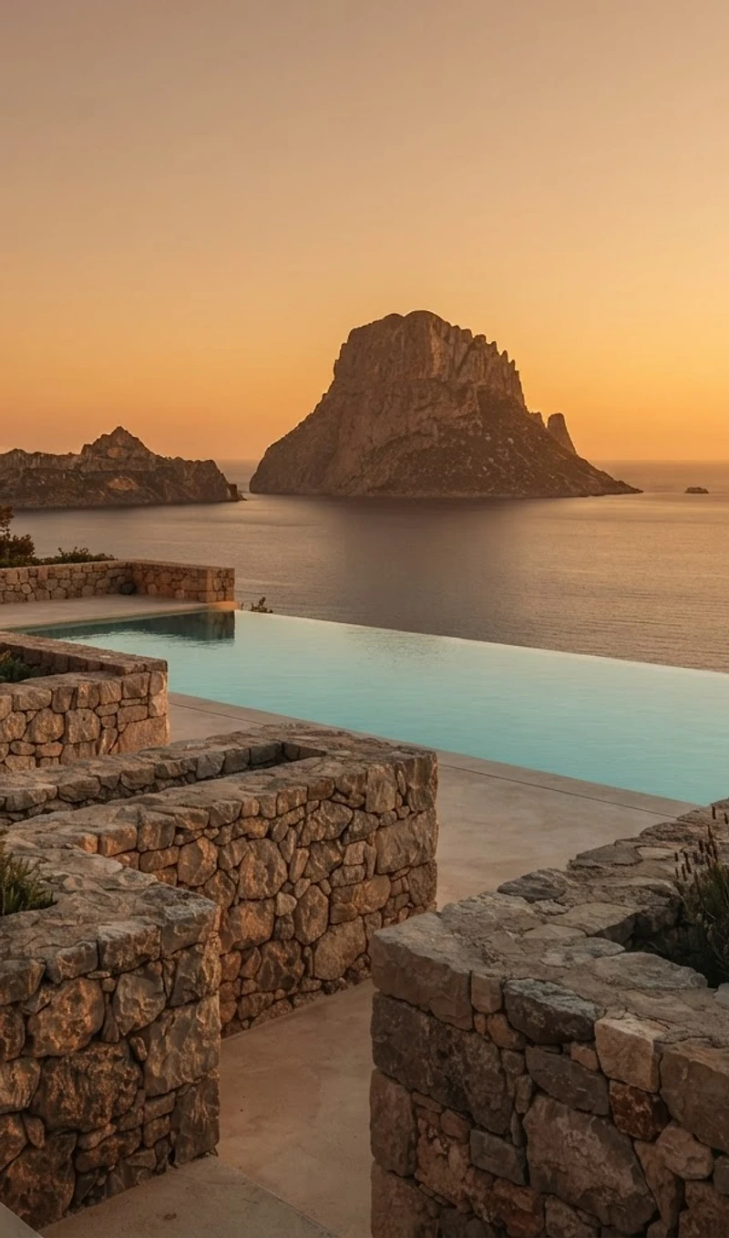 Infinity-pool van een luxueuze villa met uitzicht op de Middellandse Zee bij zonsondergang