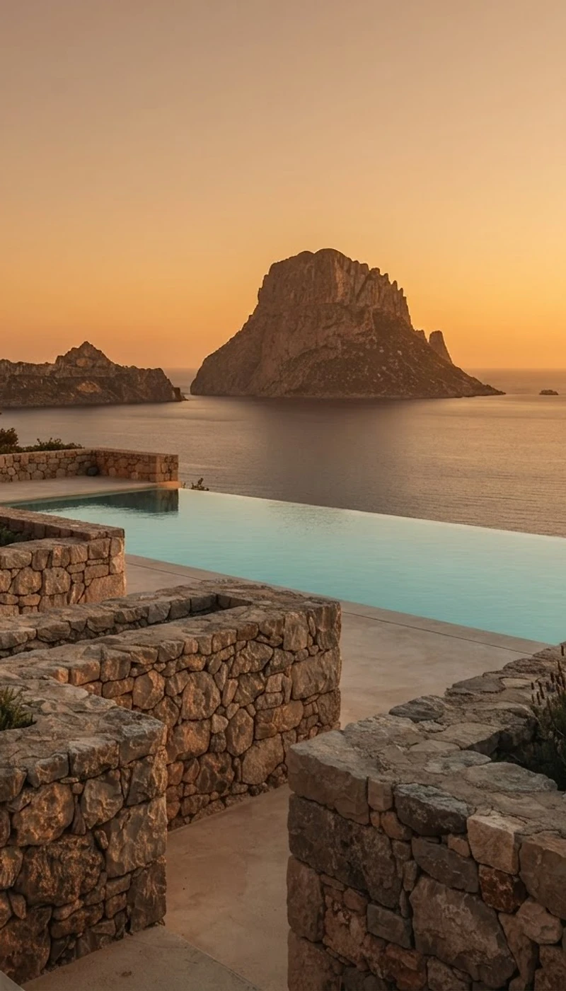Infinity-Pool einer Luxusvilla mit Blick auf das Mittelmeer bei Sonnenuntergang