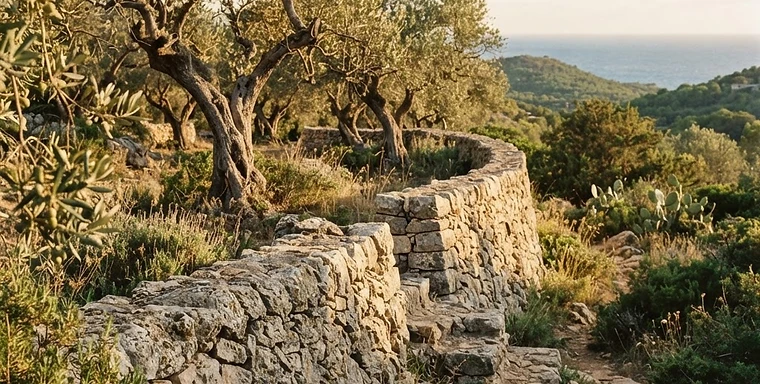 Traditional Mediterranean dry-stone wall with ancient olive trees