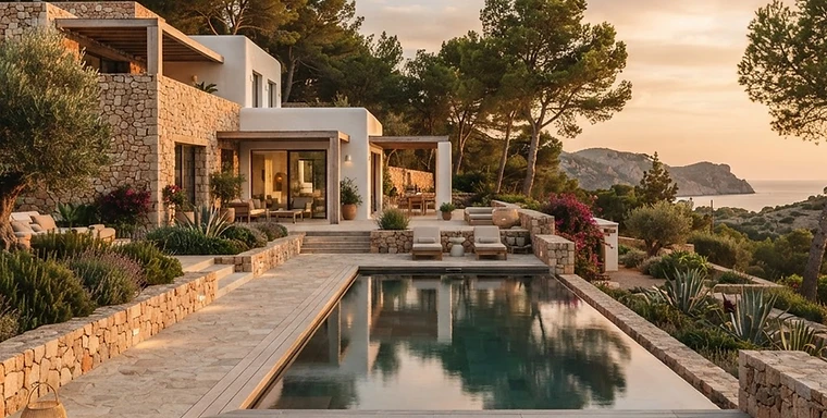 Contemporary villa with natural stone and Mediterranean landscape