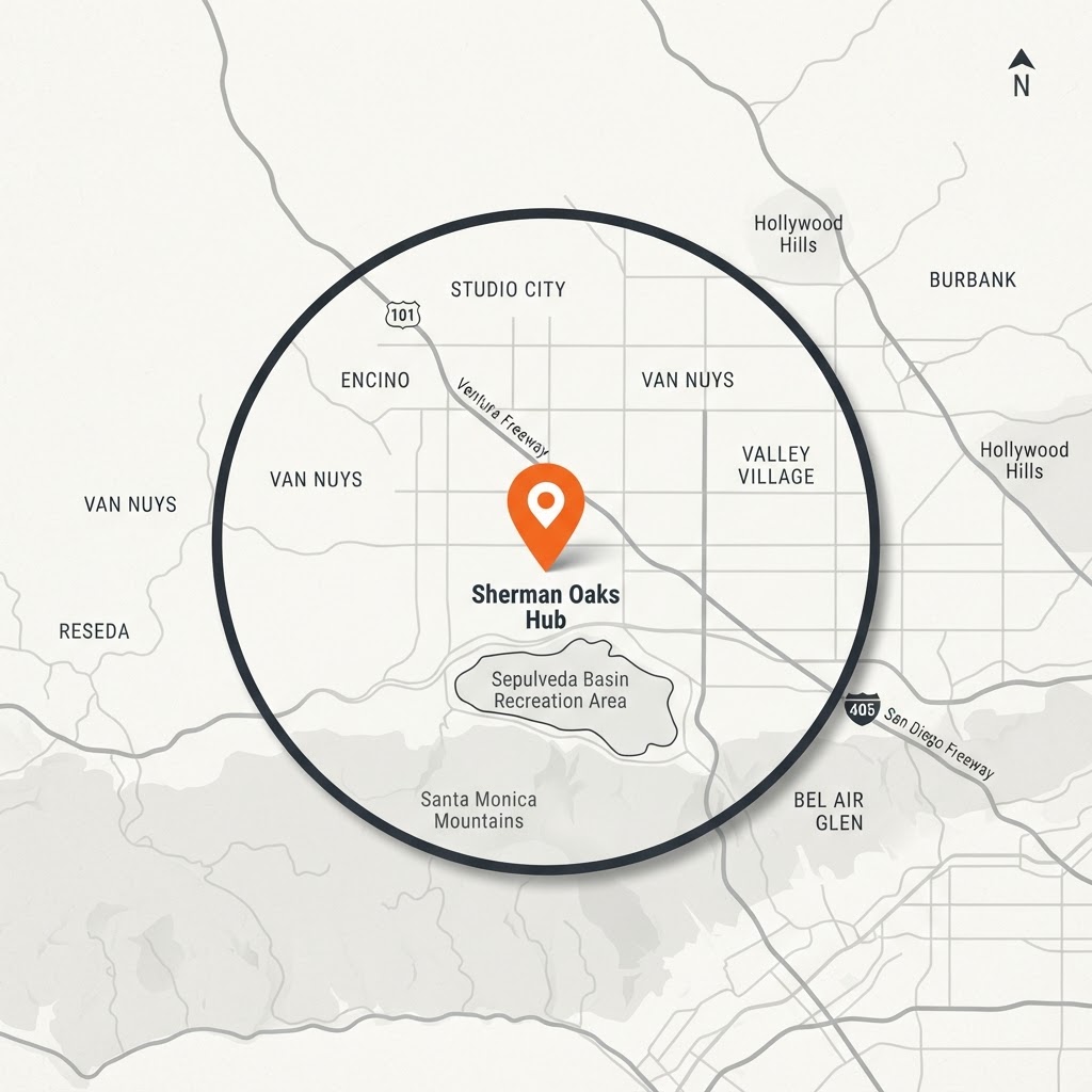 Static map of Valley Tote Co.'s service area: a 10-mile radius around the Sherman Oaks hub, covering zip codes 91403, 91423, and 91411, plus Studio City, Encino, Van Nuys, Valley Village, and Bel Air Glen