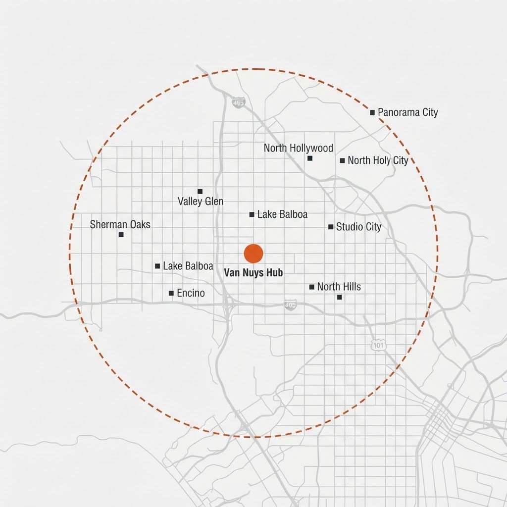 Static map of Valley Tote Co.'s free delivery zone: a 10-mile radius around the Van Nuys hub, covering Sherman Oaks, Valley Glen, Lake Balboa, North Hills, Encino, Studio City, North Hollywood, and Panorama City