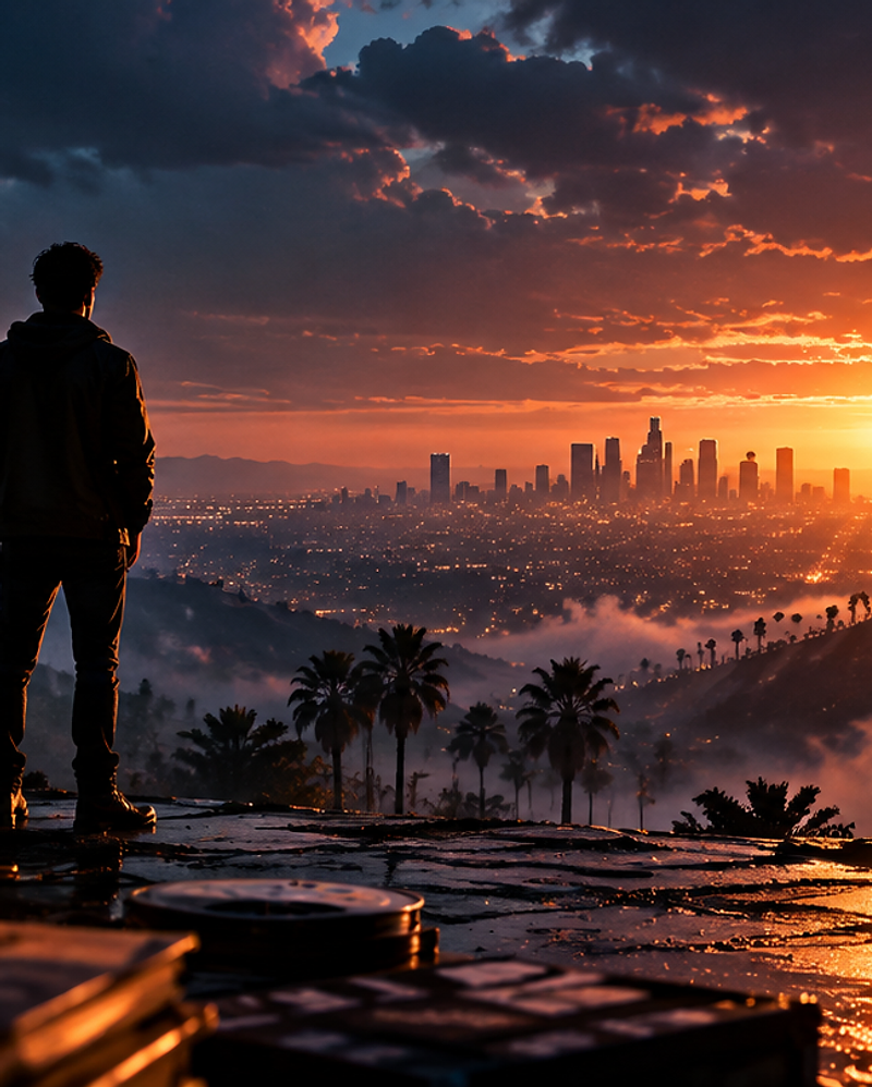 Filmmaker overlooking the city at sunset beside a cinema camera and director's chair