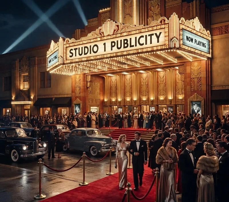 Golden Age Hollywood premiere outside an Art Deco movie palace with a STUDIO 1 marquee and red carpet